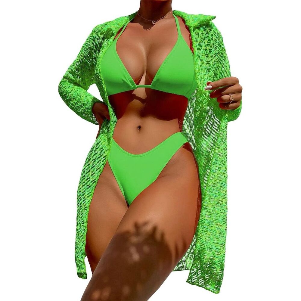Women's Neon Green 3 Piece Halter Triangle Bikini Set with Kimono Cover Up